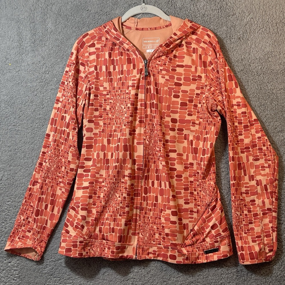 Merrell Women's Sz L Orange Geometric Print Hooded Opti Wick Jacket Full Zip